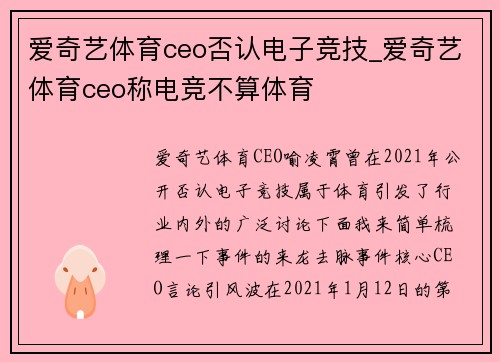爱奇艺体育ceo否认电子竞技_爱奇艺体育ceo称电竞不算体育