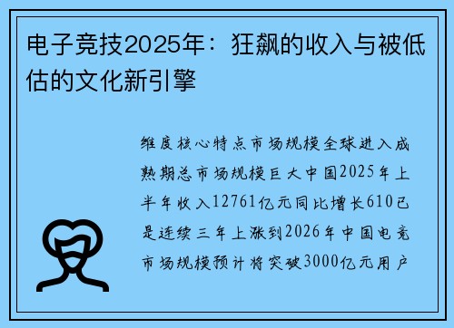 电子竞技2025年：狂飙的收入与被低估的文化新引擎